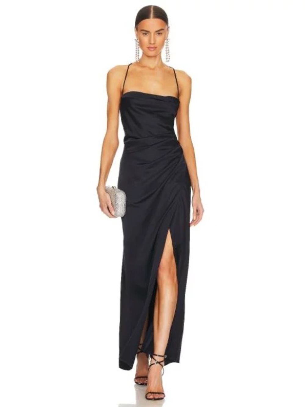 Significant Other Amelie Dress Satin Navy Strappy Evening Gown with Front Slit